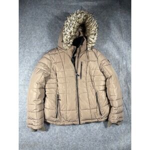 Calvin Klein Women Quilted Puffer Coat Detachable Hood Faux Fur Beige XL
